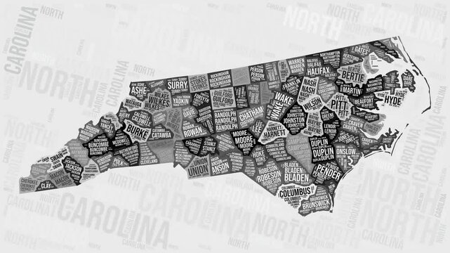 North Carolina Animation. Visual effect of North Carolina counties appearing in black and white word clouds style. State intro video. Amazing Animated Motion Graphics.