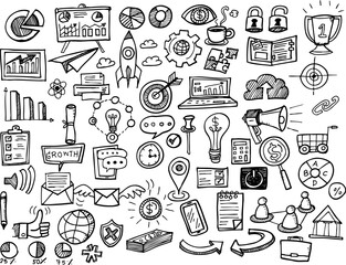 Hand-drawn business doodles. Vector set of business concept icons isolated on white background.
