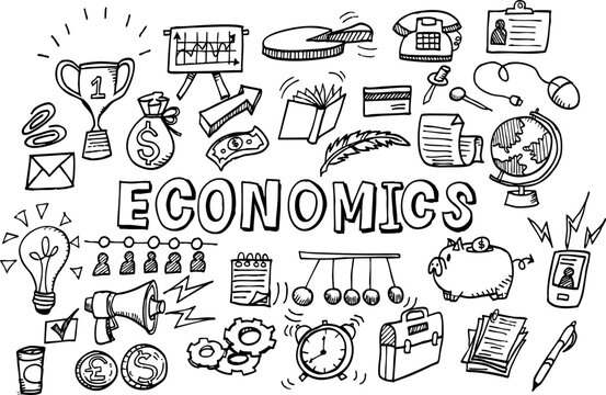 Doodle-style economic background. Hand-drawn vector illustration with business and financial elements.