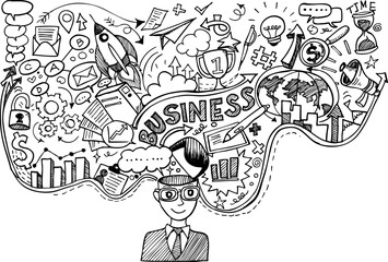 
Hand-drawn business background with doodles. Vector illustration of business-themed sketch elements.