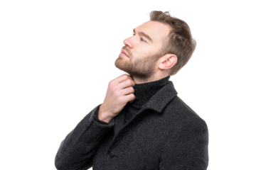  man in dark turtleneck looking up with hand touching his neck isolated on white transparent background