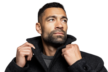 confident man in dark coat looking thoughtfully isolated on white transparent background