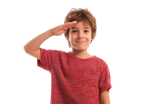 young boy in red shirt saluting with smile isolated on white transparent background