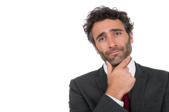 contemplative business man with curly hair wearing black suit and red tie isolated on white transparent background