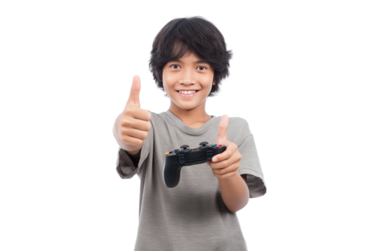 young boy enthusiastically gives thumbs-up while holding gaming controller isolated on white transparent background