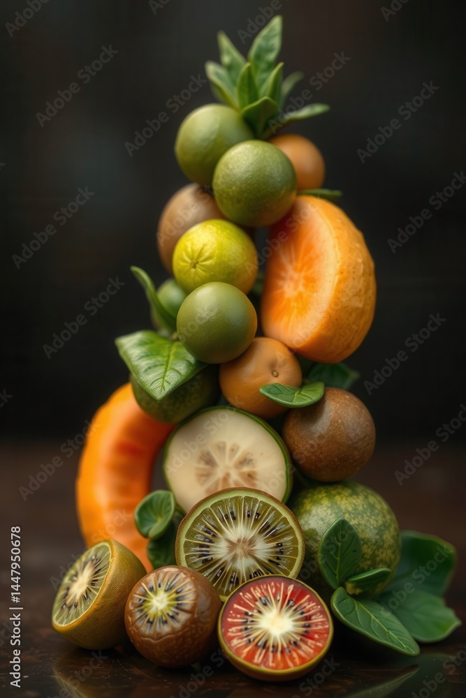 Poster fruit arrangement: a stack of various cut and whole fruits creating an interesting still life image.