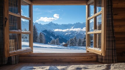 Snowy mountain vista seen through a rustic wooden window.