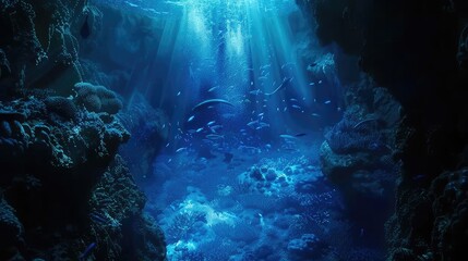 Underwater cave scene with vibrant light beams.