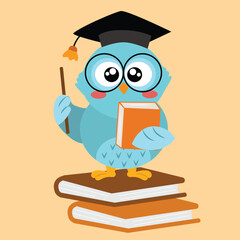 Cute Owl Graduation Hat Standing On Book Cartoon Vector Icon Illustration holding book and wearing glasses. Cute Owl Graduation Cartoon, Cute an owl holding a book cartoon illustration Study icon 