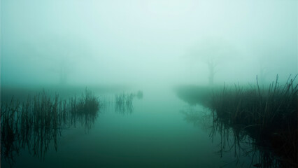 Fototapeta premium A mystical, serene waterscape enveloped in dense fog, invoking a sense of mystery and tranquility. The water reflects the hazy sky, creating an ethereal atmosphere.