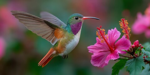 Fototapeta premium Hummingbird hovering near pink hibiscus flower in a vibrant garden setting
