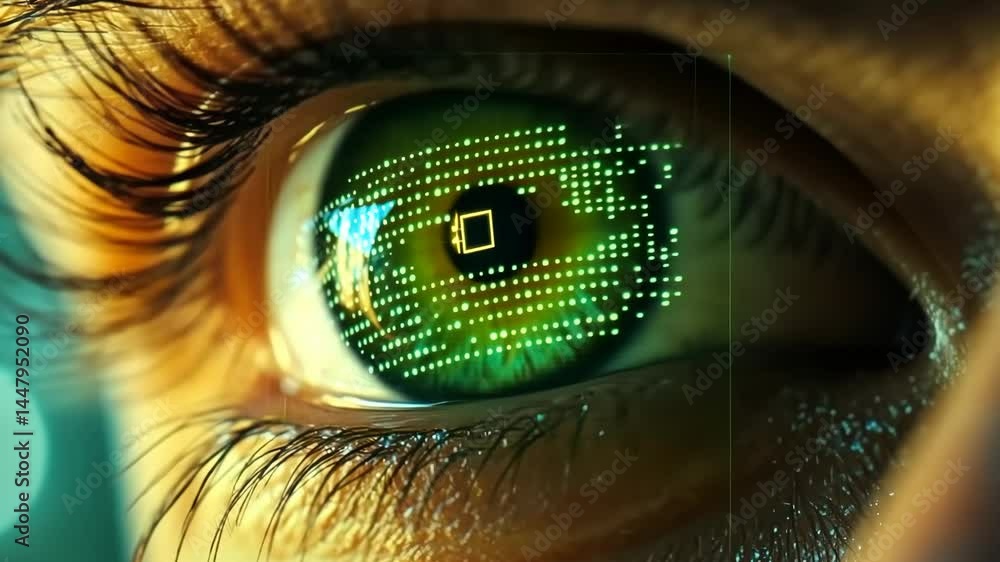 Poster digital eye interface with futuristic holographic display in motion