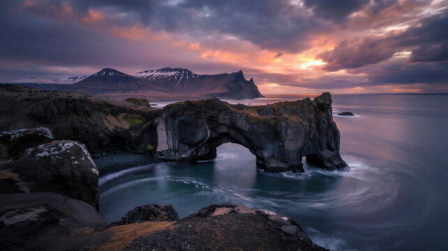 A dramatic landscape photograph of Hellnar arch in
Iceland at dusk. The arch is carved into dark volcanic rock with a smooth, weathered surface.