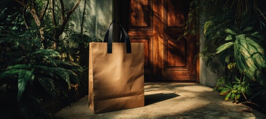 Elegant kraft paper bag adorned with leather handles amidst nature