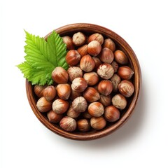Fototapeta premium A Wooden Bowl Filled with Hazelnuts and a Fresh Green Leaf High Resolution Image of Delicious Nuts
