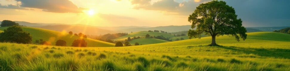 Obraz premium Sun-drenched rolling hills, oak tree shading summer field , oak, peaceful, summer field