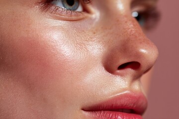 Naklejka premium A detailed close-up of a woman's face highlighting smooth skin, freckles, and rosy lips.