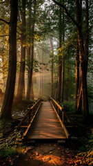 Tranquil Wooden Bridge Through a Misty Forest at Dawn