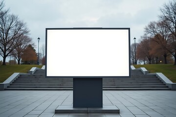 Obraz premium Blank Billboard Mockup In Front Of Stone Steps And Bare Trees Under An Overcast Sky, Outdoor Advertising Placement