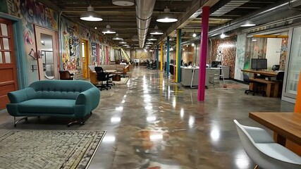 Colorful coworking space with modern furniture and art