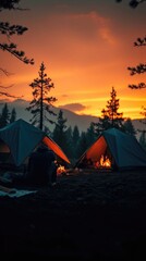 Campfire Sunset: Two Tents Glowing Warmth in Rustic Wilderness