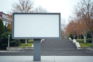 Fototapeta premium Blank Billboard Mockup In Front Of Stone Steps And Bare Trees Under An Overcast Sky, Outdoor Advertising Placement