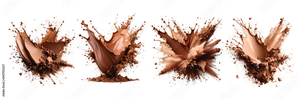 Poster four dynamic splashes of rich chocolate with varying shapes and sizes against a clean white backgrou
