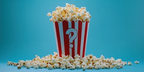 Popcorn bucket with question mark on blue background surrounded by spilled popcorn during a movie night at home