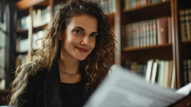 Lawyer reviewing case documents in a law library with bookshelves and legal references