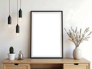 Blank Frame Mockup Sits On A Wooden Cabinet Next To A Cactus And Decorative Plants, Home Decor Showcase