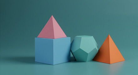 Geometric Shapes Featuring a Pink Pyramid on Blue Cube Teal Polygon and Orange Pyramid Against Teal Background