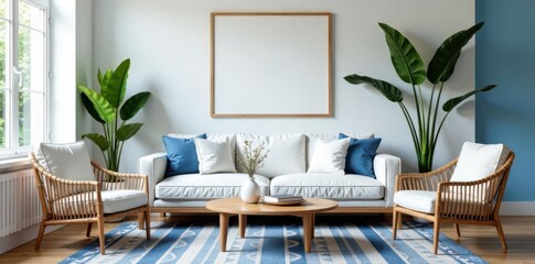 Blue and white Japandi living room, rattan furniture, farmhouse wallpaper, sofa mockup frame , aesthetic, peaceful, modern