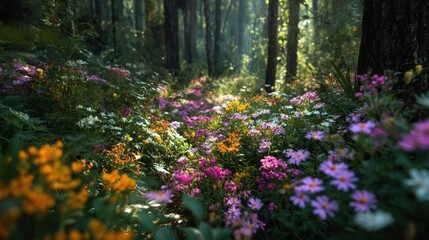 Obraz premium Sunlit Forest Path with Vibrant Wildflowers Blooming in Springtime