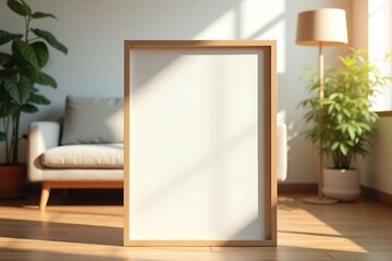 Blank White Frame Mockup Leans Against A Wall In A Living Room With Plants And Furniture, Interior Design Showcase