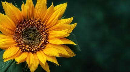 Fototapeta premium Vibrant Yellow Sunflower Close Up Against a Dark Green Background A Stunning Floral Image Perfect for Nature Projects