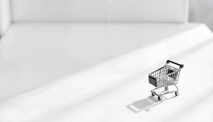 Minimalist chrome shopping cart icon on white surface, e-commerce design
