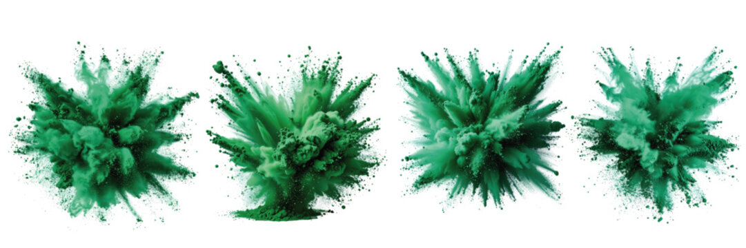 Green powder explosion creating dynamic and vibrant splashes against a white background in four different formations