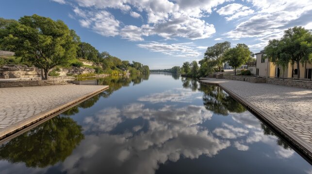 Appleton Wisconsin Fox River panorama Bright sunlight reflecting on the water Ideal postcard image - panorama buildings sky