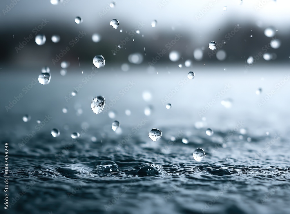 Poster close-up of raindrops splashing on a water surface, captured in sharp detail and soft focus backgrou
