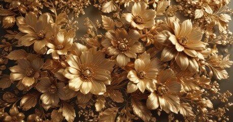 Luxurious gold floral backdrop; ornate blooms & leaves shimmer ,  elegant background,  vintage,  wallpaper