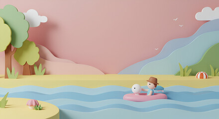 Whimsical Paper Art River Scene with Child on Float, Colorful Hills, Trees, and Pastel Sky