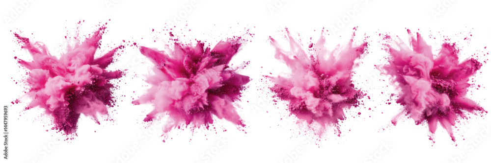 Poster pink powder bursts creating vibrant explosions of color on a white background showcasing dynamic mot