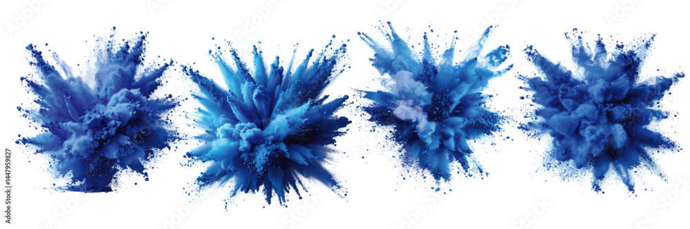 Poster blue powder explosions creating dynamic abstract patterns on a white background, showcasing movement