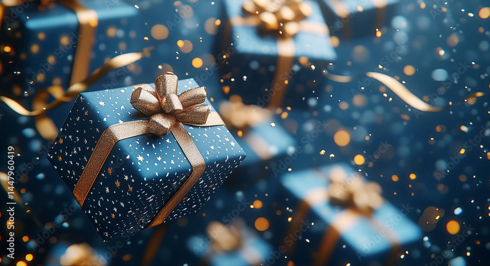Poster in a festive atmosphere, wrapped gift boxes with intricate bows float among shimmering lights and fa