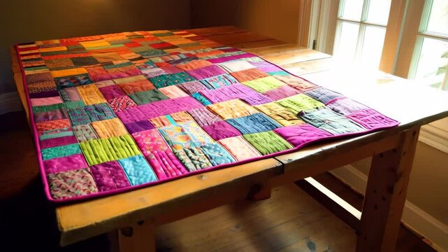 Vibrant Handmade Patchwork Quilt on Wooden Table Colorful Fabric Squares