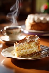 A tempting slice of cake with meringue is served with coffee, capturing a cozy and warm moment.
