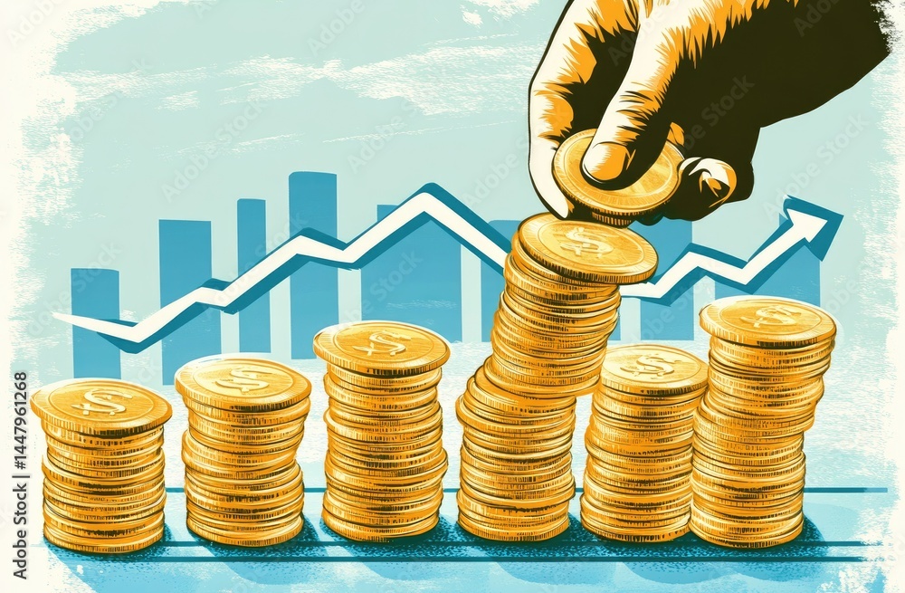 Aufkleber hand stacking coins to form rising graph symbolizing financial growth and investment with blue graph