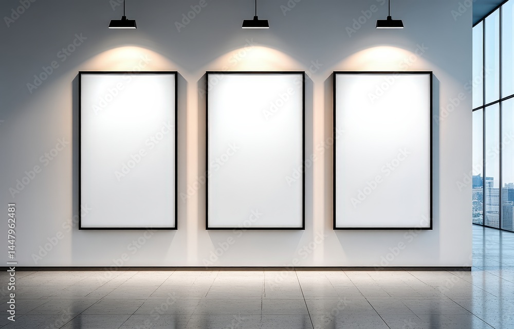 Poster three large blank frames are displayed on a modern gallery wall under spotlights, with reflections o