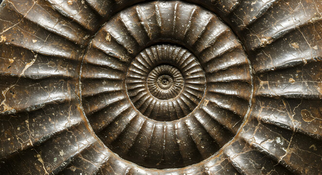Close Up of a Brown Ammonite Fossil Shell with Spiral Pattern Ancient Geological Artifact