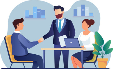 Business Job Interview concept. Vector cartoon illustration of two men in suits shaking hands and a woman with documents at a desk. business people shaking hands